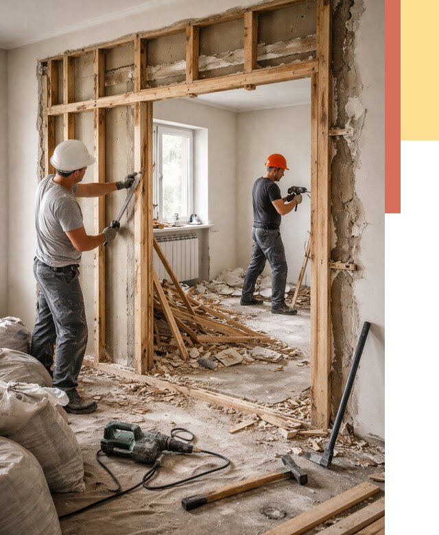 Демонтаж деревянных перегородок в Крымске от 3316 руб. — быстро и недорого | ОТДЕЛОЧНИК-Крм