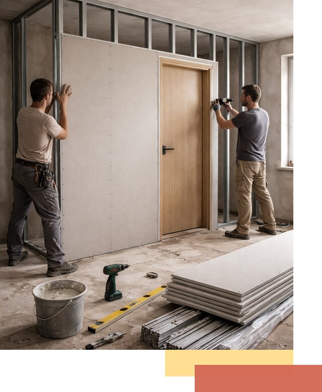 Перегородка из гипсокартона с дверью под ключ в Крымске