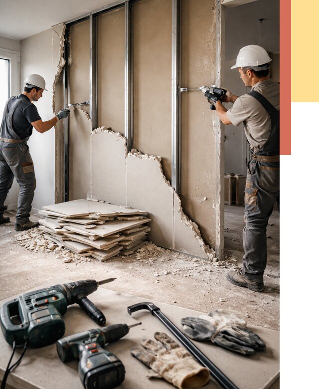 Демонтаж перегородки из гипсокартона в Крымске от 1244 руб. быстро и недорого | ОТДЕЛОЧНИК-Крм