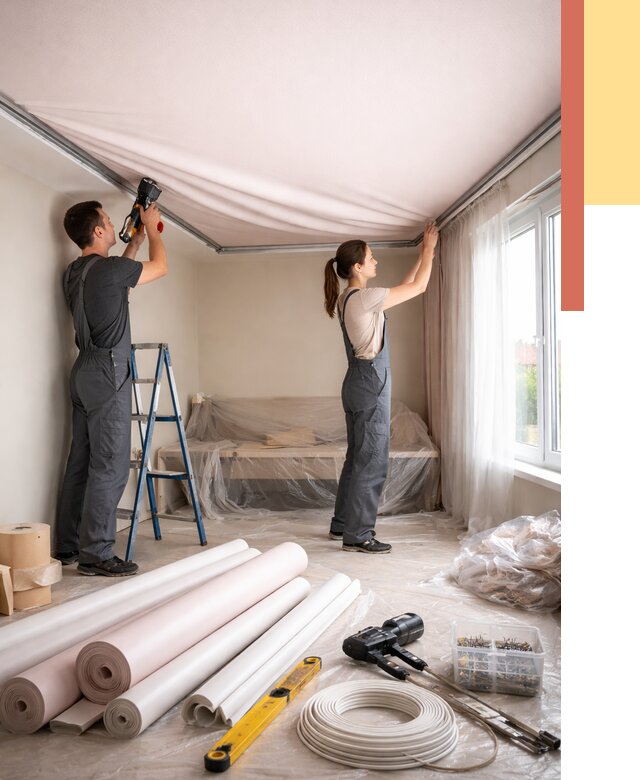 Монтаж цветного натяжного потолка в Крымске от 4352 руб/м² — быстро и недорого | ОТДЕЛОЧНИК-Крм