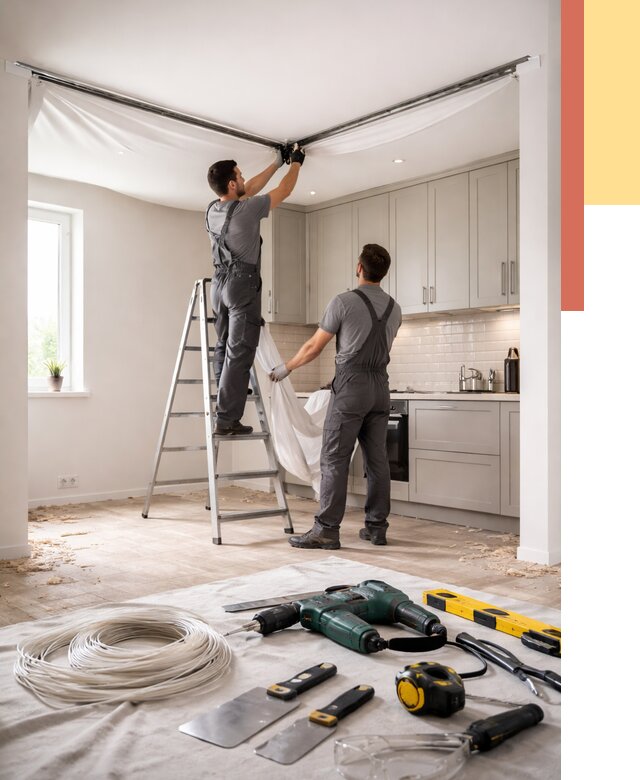 Установка натяжного потолка на кухне в Крымске от 2487 руб. | ОТДЕЛОЧНИК-Крм