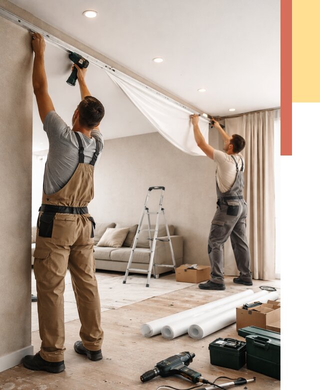 Монтаж натяжного потолка в гостиной в Крымске от 570 руб. | ОТДЕЛОЧНИК-Крм