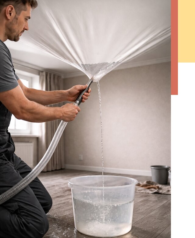 Слив воды с натяжного потолка в Крымске от 2591 руб. быстро и недорого | ОТДЕЛОЧНИК-Крм