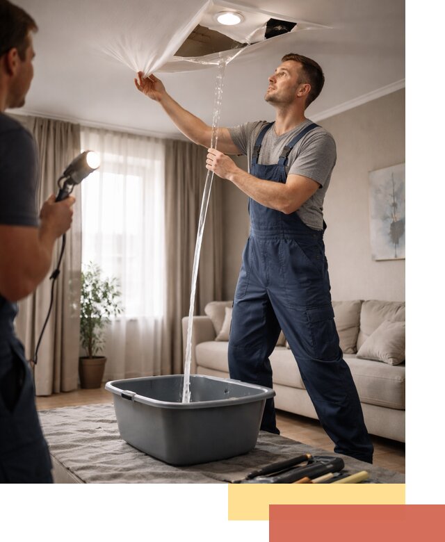 Слив воды с натяжного потолка в Крымске быстро и аккуратно