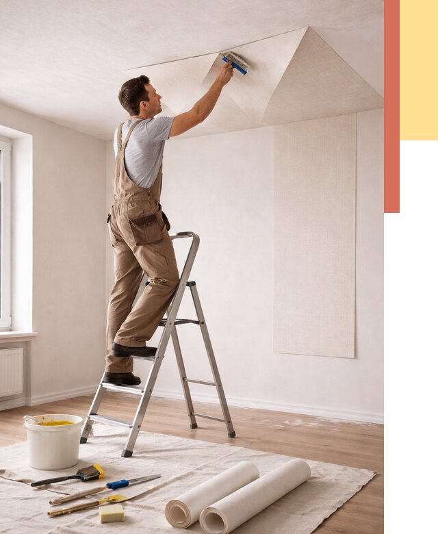 Поклейка обоев на потолок в Крымске от 4663 руб. быстро и недорого | ОТДЕЛОЧНИК-Крм